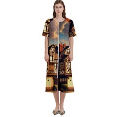 Village House Cottage Medieval Timber Tudor Split Timber Frame Architecture Town Twilight Chimney Women s Cotton Short Sleeve Nightgown by Posterlux