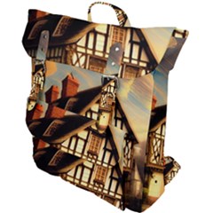 Village House Cottage Medieval Timber Tudor Split Timber Frame Architecture Town Twilight Chimney Buckle Up Backpack by Posterlux