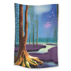 Artwork Outdoors Night Trees Setting Scene Forest Woods Light Moonlight Nature Large Tapestry by Posterlux