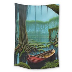 Boat Canoe Swamp Bayou Roots Moss Log Nature Scene Landscape Water Lake Setting Abandoned Rowboat Fi Large Tapestry by Posterlux