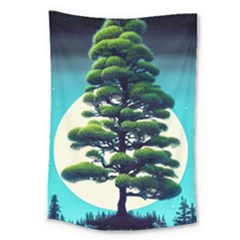 Pine Moon Tree Landscape Nature Scene Stars Setting Night Midnight Full Moon Large Tapestry by Posterlux