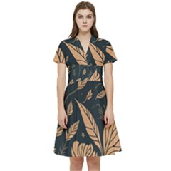 Background Pattern Leaves Texture Short Sleeve Waist Detail Dress