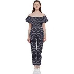 Geometric Pattern Design White Bardot Ruffle Jumpsuit