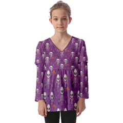 Skull Halloween Pattern Kids  V Neck Casual Top by Maspions