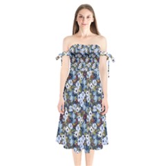 Blue Flowers Dark Blue Flowers Shoulder Tie Bardot Midi Dress by DinkovaArt