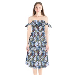 Blue Flowers 2 Shoulder Tie Bardot Midi Dress by DinkovaArt