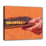 Hand of woman holds a bush tucker food (Witchetty grubs) held in a coolamon on canvas