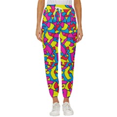 Colorful-graffiti-pattern-blue-background Women s Cropped Drawstring Pants by designsbymallika