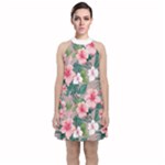 Hibiscus flowers on Velvet Halter Neckline Dress 