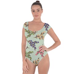 Berries Flowers Pattern Print Short Sleeve Leotard 