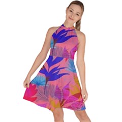 Pink And Blue Floral Sleeveless Halter Neck A-line Dress by Sparkle