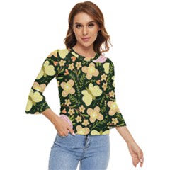 Flowers Rose Blossom Pattern Bell Sleeve Top