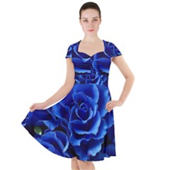 Blue Roses Flowers Plant Romance Blossom Bloom Nature Flora Petals Cap Sleeve Midi Dress With Pockets by Proyonanggan