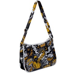 Boom Bang Art Crazy Drawing Graffiti Hello Retro Sayings Yellow Zip Up Shoulder Bag by Bedest