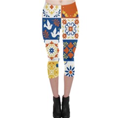 Mexican Talavera Pattern Ceramic Tiles With Flower Leaves Bird Ornaments Traditional Majolica Style Capri Leggings  by Ket1n9