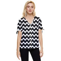 Wave-black White Bow Sleeve Button Up Top by kyorashop23