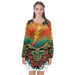 Grateful Steal Your Face Deadhead Hippie Logo Symbol Long Sleeve Chiffon Shift Dress  by Loisa77