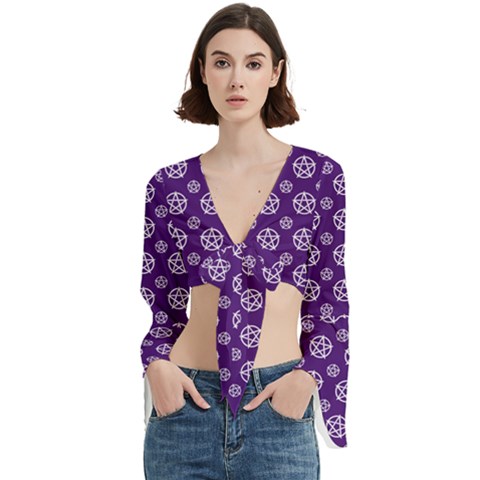 White Pentacle And Purple Pattern Trumpet Sleeve Cropped Top by cheekywitch