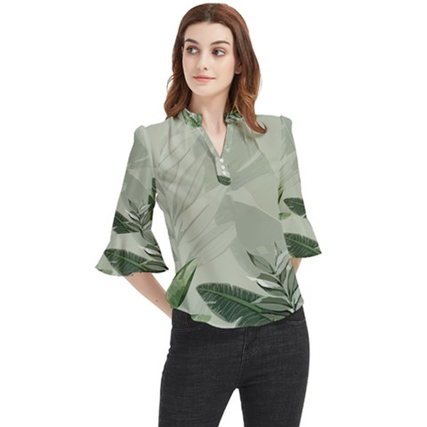 Banana Leaf Plant Pattern Loose Horn Sleeve Chiffon Blouse by anzea