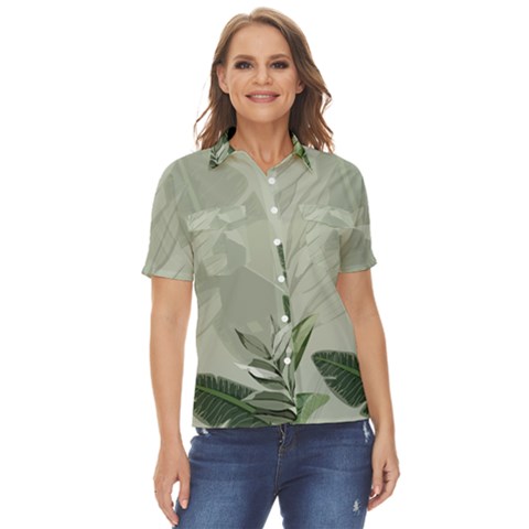 Banana Leaf Plant Pattern Women s Short Sleeve Double Pocket Shirt by anzea