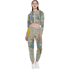 Vintage World Map Cropped Zip Up Lounge Set