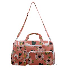 Flower Pink Brown Pattern Floral Sports Gym Duffle Bag With Shoe Compartment