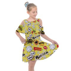 Cartoon Comics Pattern Kids  Shoulder Cutout Chiffon Dress by Loisa77