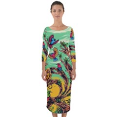 Monkey Tiger Bird Parrot Forest Jungle Style Quarter Sleeve Midi Bodycon Dress by Grandong