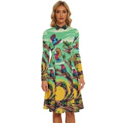 Monkey Tiger Bird Parrot Forest Jungle Style Long Sleeve Shirt Collar A-line Dress by Grandong