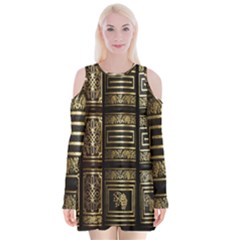 Detail Golden Gold Ornaments Velvet Long Sleeve Shoulder Cutout Dress by Ravend