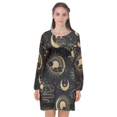 Asian Seamless Pattern With Clouds Moon Sun Stars Vector Collection Oriental Chinese Japanese Korean Long Sleeve Chiffon Shift Dress 