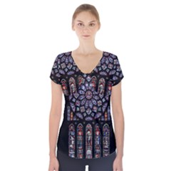 Chartres Cathedral Notre Dame De Paris Stained Glass Short Sleeve Front Detail Top by Grandong