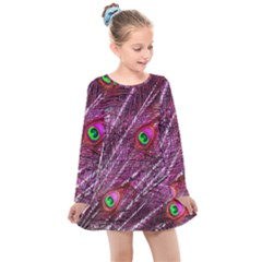 Peacock Feathers Coloured Plumage Pink Red Kids  Long Sleeve Dress