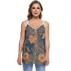 Seamless Pattern Patterns Leaves Vintage Casual Spaghetti Strap Chiffon Top