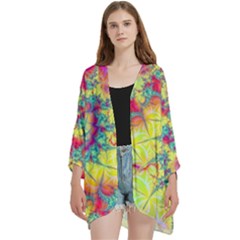 Fractal Spiral Abstract Background Vortex Yellow Open Front 3/4 Sleeve Batwing Chiffon Cardigan Kimono by Ket1n9