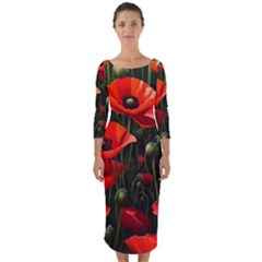 Flowers Poppies Bloom Blossom Art Quarter Sleeve Midi Bodycon Dress by Apenda