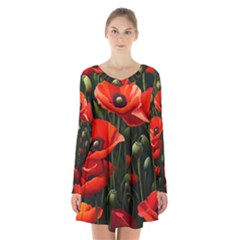 Flowers Poppies Bloom Blossom Art Long Sleeve Velvet V-neck Dress by Apenda