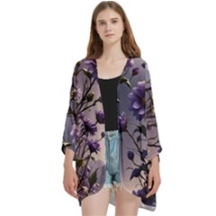 Flower Bloom Blossom Nature Flora Open Front 3/4 Sleeve Batwing Chiffon Cardigan Kimono by Apenda