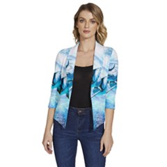 Dolphin Blue Sea Fantasy Women s Draped Front 3/4 Sleeve Shawl Collar Jacket by Maspions