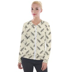 Dragonfy Insect Pattern Velvet Zip Up Jacket by Maspions