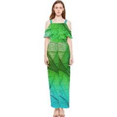 3d Leaves Texture Sheet Blue Green Draped Sleeveless Chiffon Jumpsuit