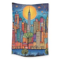 City New York Nyc Skyscraper Skyline Downtown Night Business Urban Travel Landmark Building Architec Large Tapestry by Posterlux