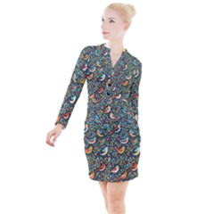 Birds Pattern Flowers Whimsical Button Long Sleeve Dress by Salmanaz77