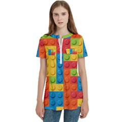 Lego Bricks, Colorful Dots Background Women s Zip Front V-neck Short Sleeve Casual Top Pocket Shirt