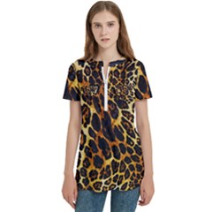 Leopard Skin Texture, Macro, Brown Women s Zip Front V-neck Short Sleeve Casual Top Pocket Shirt