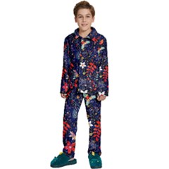 Festive Floral Pattern Christmas Blue Floral Flower Foliage Leaves Pattern Red Snow Winter Kids  Long Sleeve Velvet Pajamas Set by Maspions