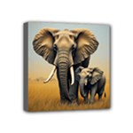 Mother and baby elephants on Mini Canvas 4  x 4  (Framed)