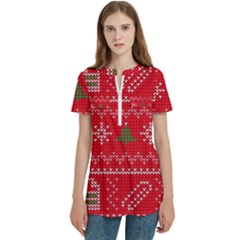 Red Christmas Pattern Xmas Decorations, Christmas Knitted Texture Women s Zip Front V-neck Short Sleeve Casual Top Pocket Shirt