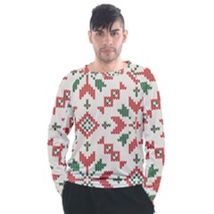 Christmas Texture, New Year, Red-green Christmas Ornament Texture Men s Long Sleeve Raglan T-shirt