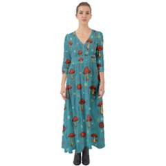 Whimsical Mushroom Pattern Button Up Boho Maxi Dress by Drawde